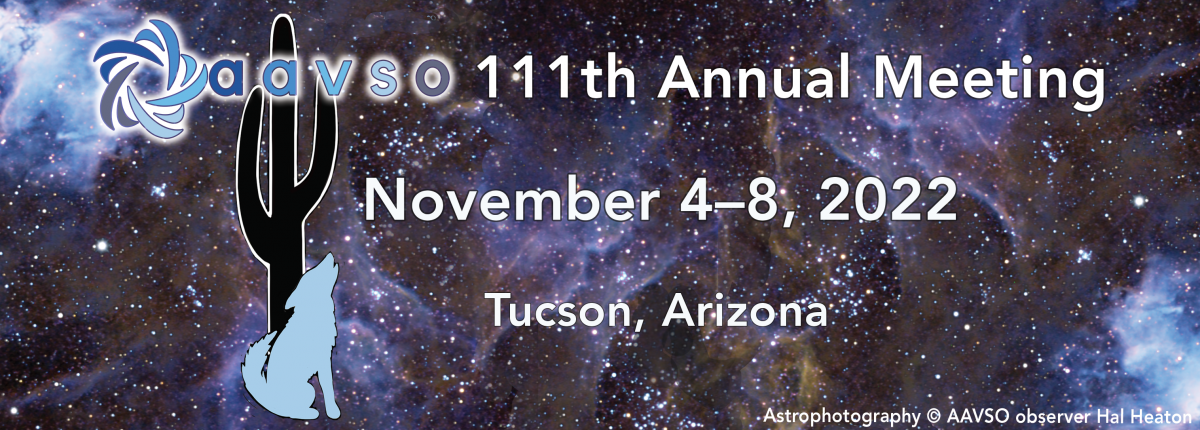 Cactus and coyote in front of a cloudy starry sky astrophotography background. Text reads AAVSO 11th Annual Meeting, November 4-8, 2022, Tucson, Arizona. Astrophotography by AAVSO observer Hal Heaton. 