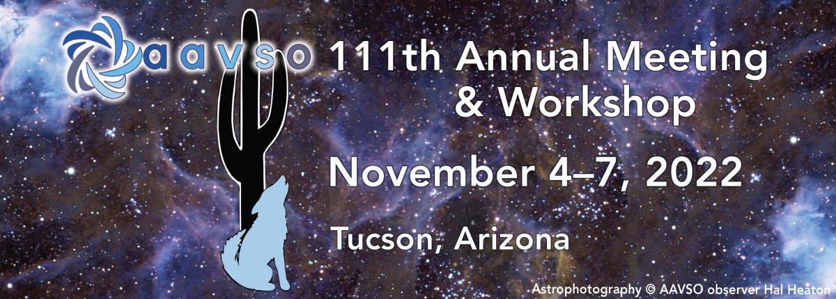 A coyote in front of a cactus. Background is astrophotograph filled with clouds. Text reads, AAVSO 111th Annual Meeting & Workshop. November 4-7, 2022. Tucson, AZ. Sponsor: DC-3 Dreams