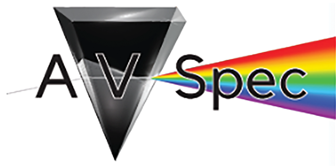Inverted prism with a triangular rainbow emitted from a point on its side. Across the image is the text AVSpec