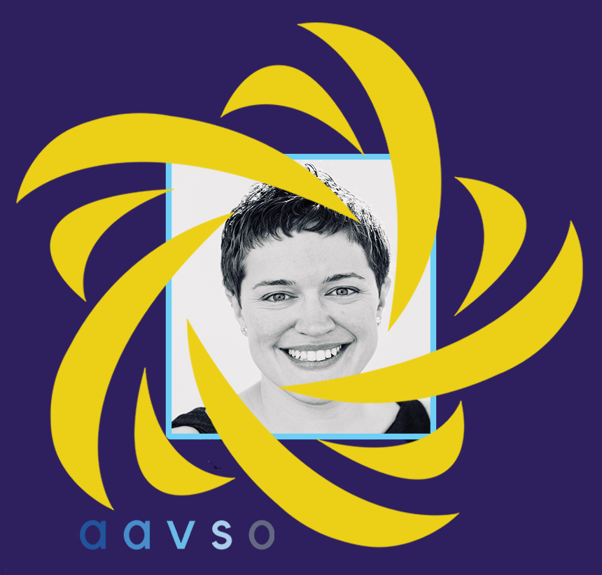 Smiling young woman with short hair. Image at center of AAVSO swirly star logo