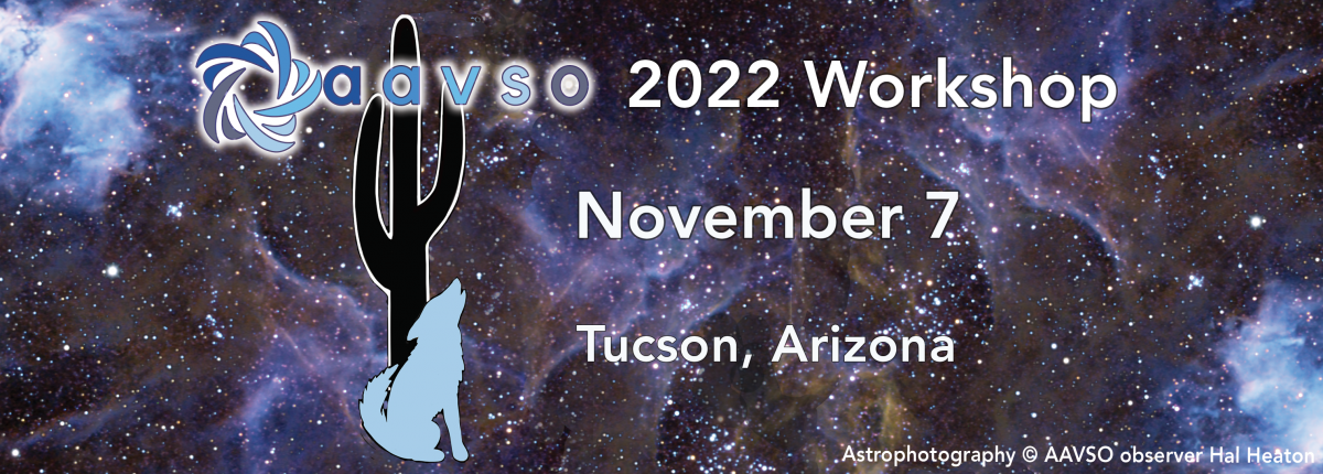 A hand-drawn coyote in front of a cactus. Background is astrophotograph filled with clouds. Text reads, AAVSO 2022 Workshop November 7, Tucson, Arizona