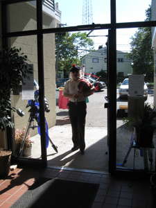 Ron Zissell plays "Happy Birthday" on the bagpipes.