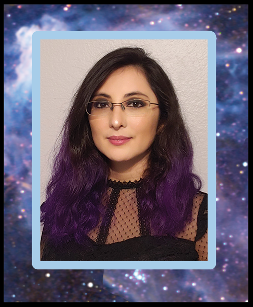 A young woman with purple-dyed hair in glasses